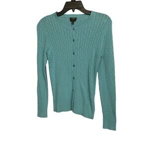 Talbots Sweater Cardigan Pima Cotton‎ Long Sleeve Blue Petite Sz SP Cable Knit